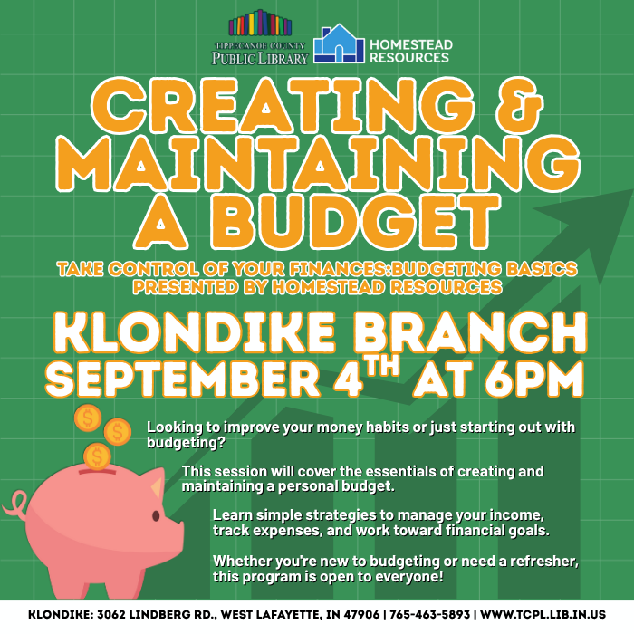 a calendar graphic for "Creating and Maintaining a Budget" program at Klondike