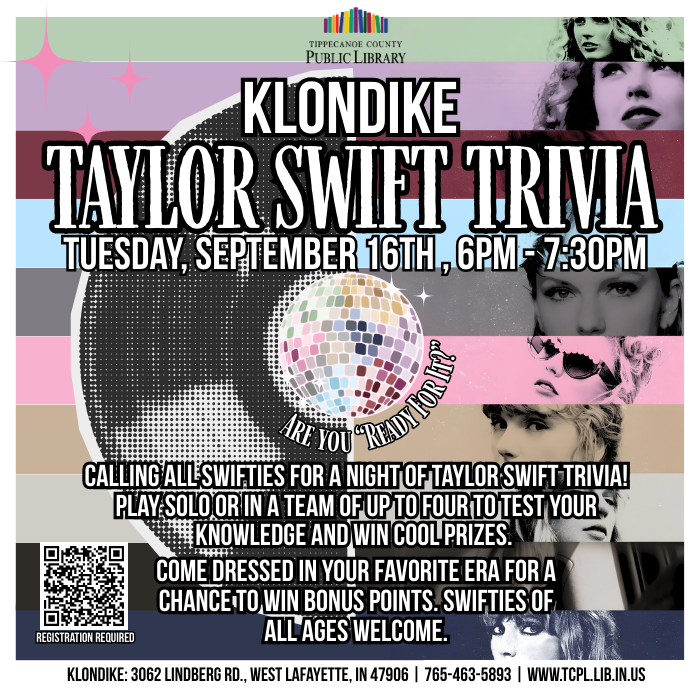 a calendar graphic for Klondike's Taylor Swift Trivia night