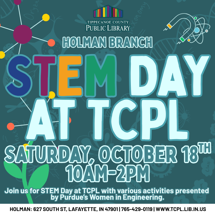 a calendar graphic for STEM day at TCPL with Purdue Women in Engineering.
