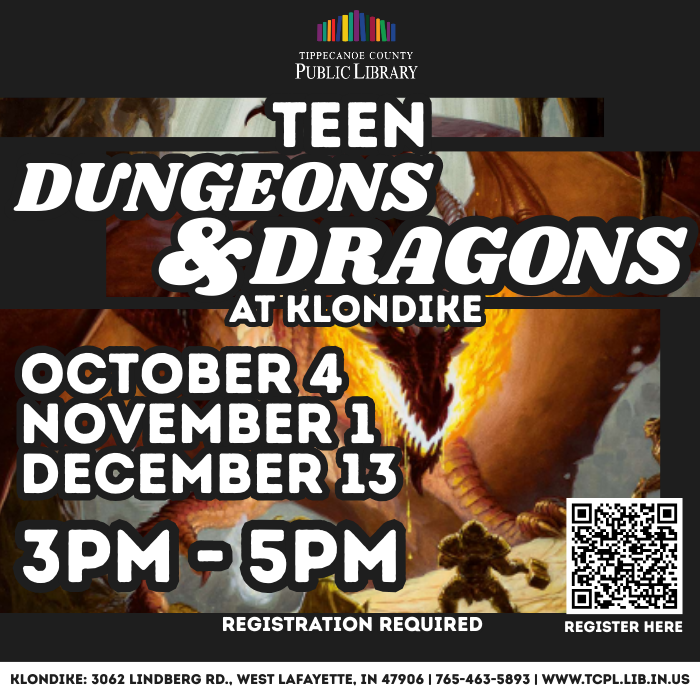 calendar graphic for Teen D&D at Klondike for October, November, December