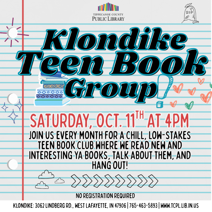 a calendar graphic for Klondike's Teen Book Group with October's date (10/11 at 4pm)