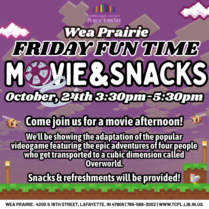 calendar graphic for October Family Fun Time that will feature The Minecraft Movie