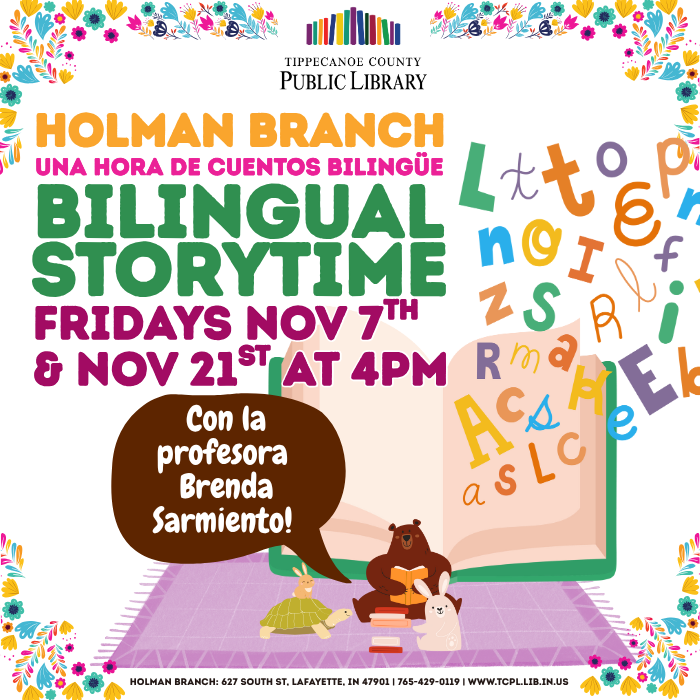 a calendar graphic for November's Bilingual Storytimes at the Holman Branch.