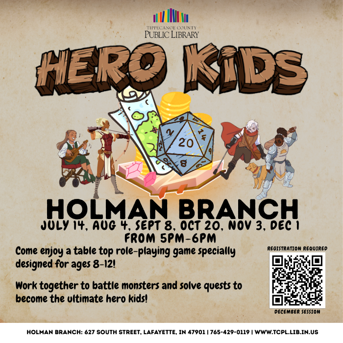 a calendar graphic for Hero Kids at the Holman Branch