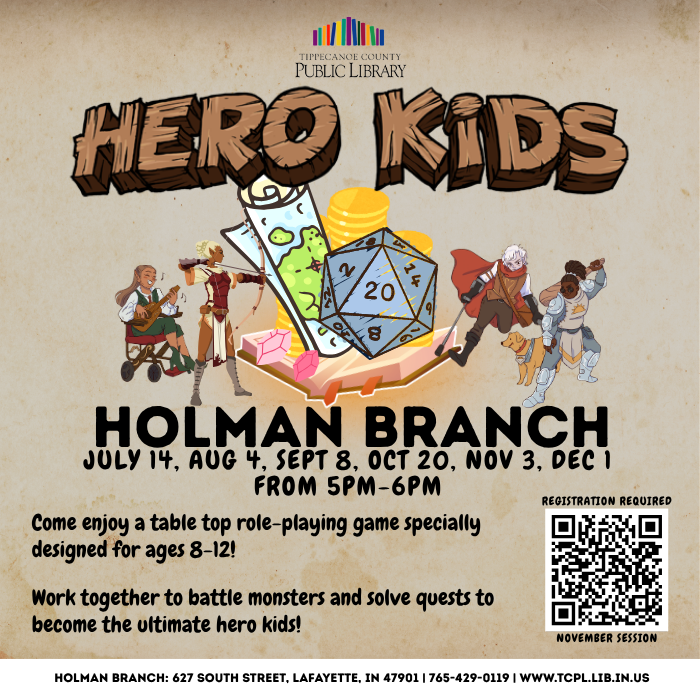 a calendar graphic for Hero Kids at the Holman Branch