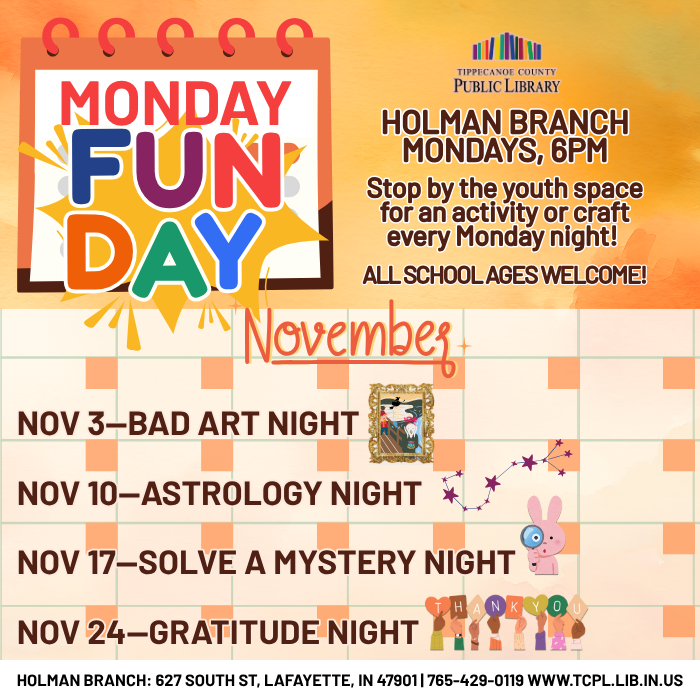 a calendar graphic for November Monday Fun-Days