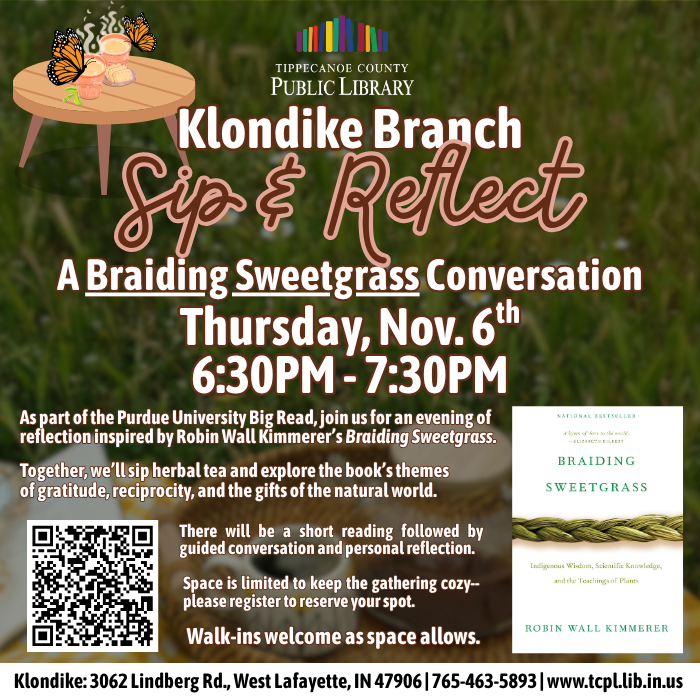 a calendar graphic for Sip and Reflect, a Braiding Sweetgrass conversation.