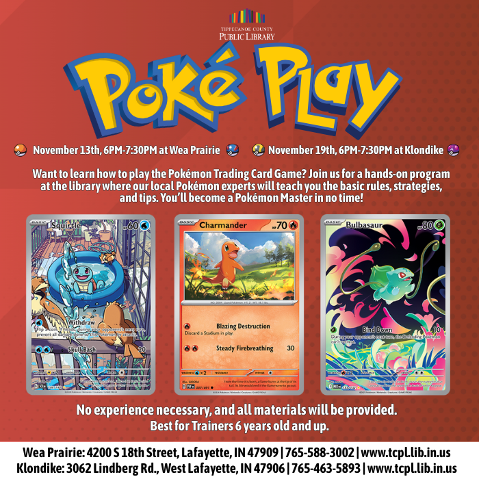 a calendar graphic for Poké Play featuring pokémon cards of the Gen 1 starters
