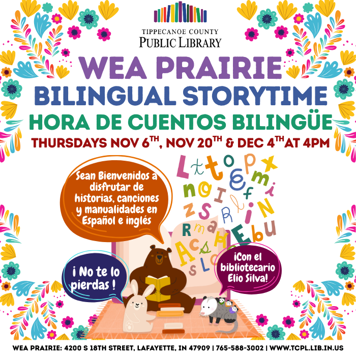 a calendar graphic for Wea Prairie's Bilingual Storytime