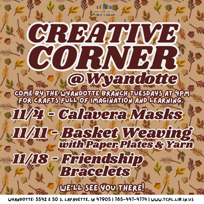 a calendar graphic for November's Creative Corner at Wyandotte 
