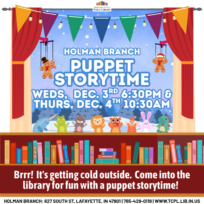 a calendar graphic for December Puppet Storytime